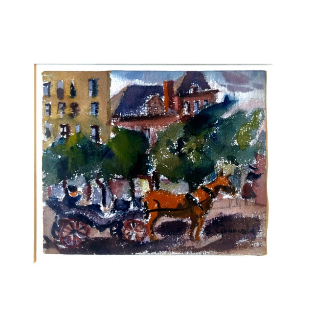 Mid 20th Century Samuel Grunvald, 1940's American WPA Modernist New York Watercolor Painting 59th st Central Park, c.1940s For Sale - Image 5 of 6