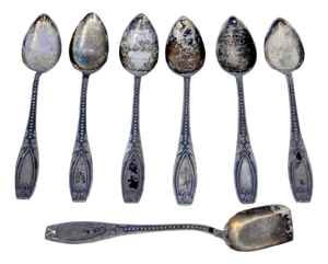 Silver Coffee Spoons and Sugar Shovel with Handle Reliefs, Set of 6