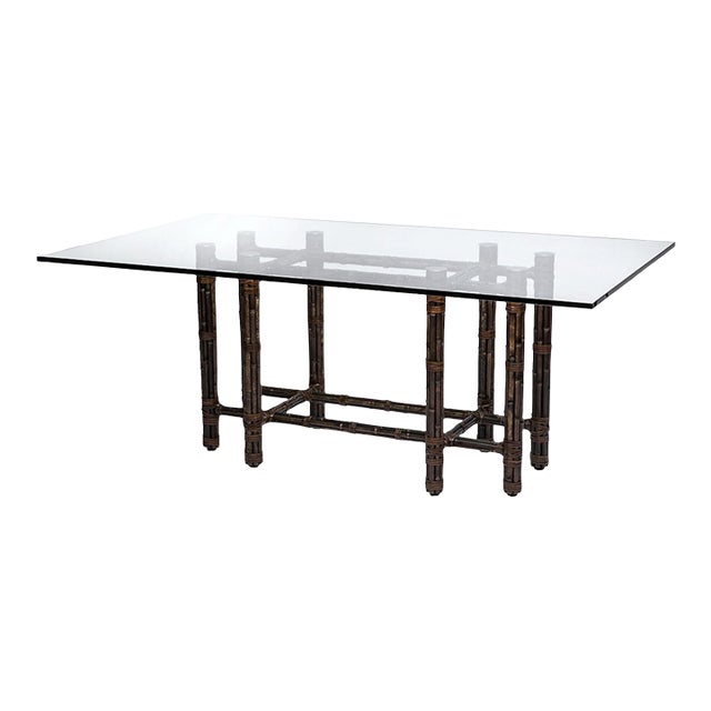 McGuire Large 6-8 Person Dining Table. Gorgeous Tobacco Black Bamboo With Large Glass Table Top. For Sale