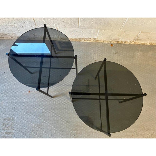 Round Smoked Black Glass Accent Tables, Modern Metal End Tables, Mid Century Modern Nightstands, Sleek Modern Chic Decor For Sale - Image 9 of 9