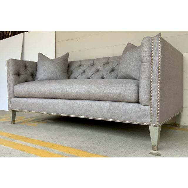 Original retail $7047, stylish Lillian August Modern Woven GrayTufted Wright Loveseat, chocolate brown, silver finished...