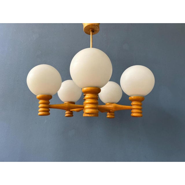 Brown Mid-Century Opaline Glass Chandelier with Wooden Frame For Sale - Image 8 of 11