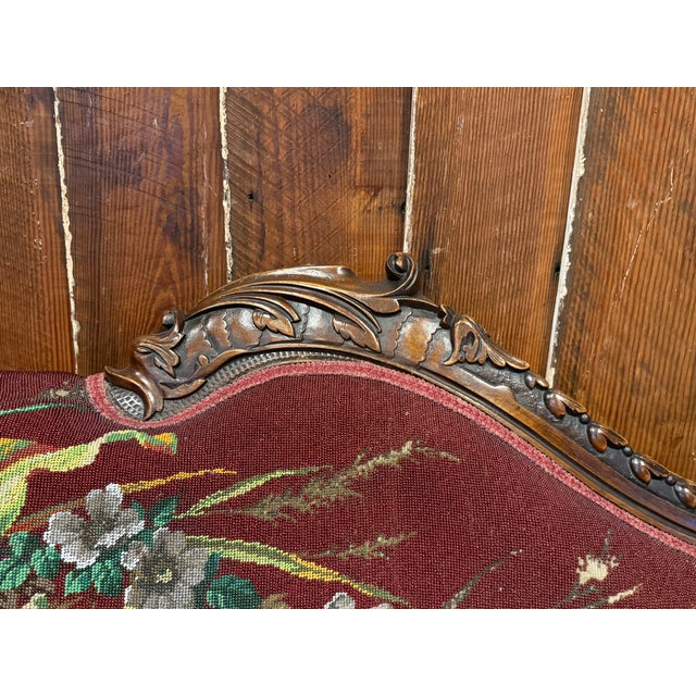 Late 19th Century Antique Victorian Carved Walnut Chaise Lounge “Fainting Couch” With Hand-Beaded Floral Upholstery For Sale - Image 5 of 8