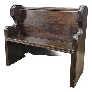 Antique Oak English Church Pew Bench With Low Carved Arms For Sale