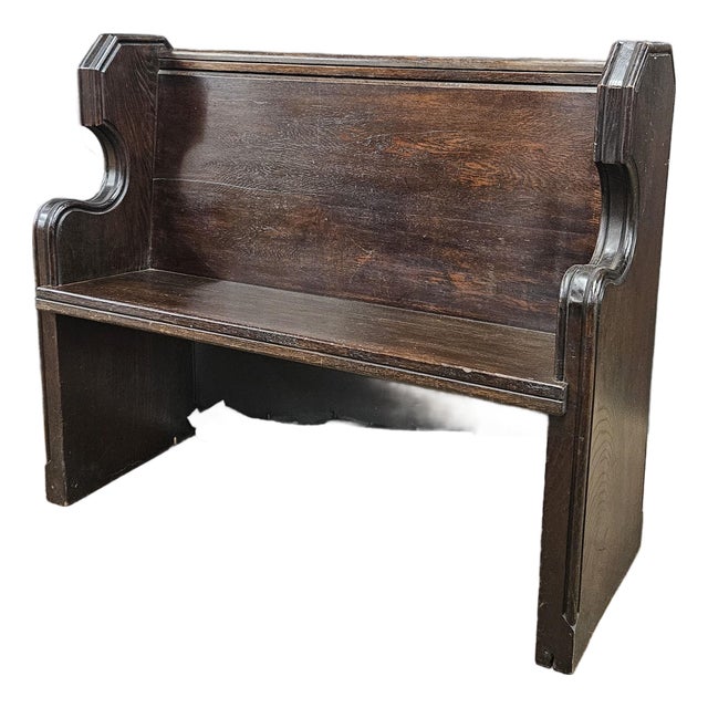 Antique Oak English Church Pew Bench With Low Carved Arms For Sale