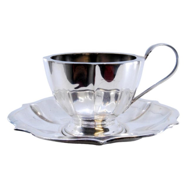 Cup and Saucer in Silver with Ribs and Curved Handle, Set of 2 For Sale - Image 10 of 10