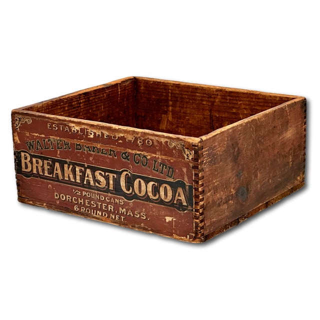 American Great Small Size Antique American Wood Breakfast Cocoa Shipping Crate With Original Paper Advertising Label For Sale - Image 3 of 12