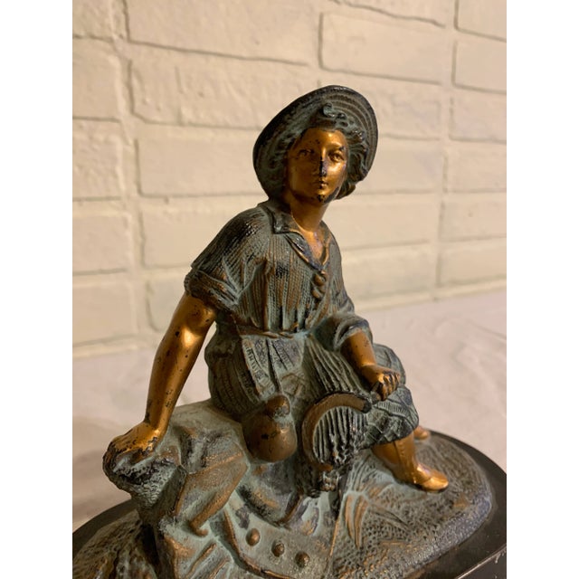 Small molded and sculpted boy's figure with dog, likely a sheep herder. Gilt highlighting of flesh areas with the majority...