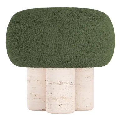 Hygge Stool in Boucle Green Fabric and Travertino by Saccal Design House for Collector For Sale