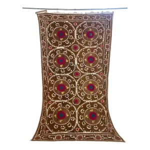 Vintage Embroidered Uzbekistan Suzani Tapestry Wall Hanging Brown and Pink XL