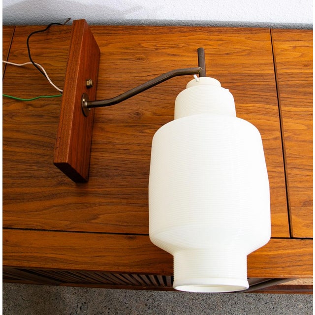 Brown 1960s Mid Century Modern Wall Sconce Lamp Lighting Walnut Brass White Shade Denmark Nm For Sale - Image 8 of 12