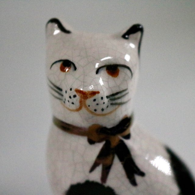 Pair of Vintage English Staffordshire Style Black & White Cat Figurines on Blue Pillows For Sale - Image 11 of 11