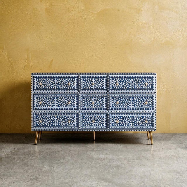Arabesque Bone Inlay Six-Drawer Dresser - Blue by House of Jaipur For Sale - Image 4 of 6