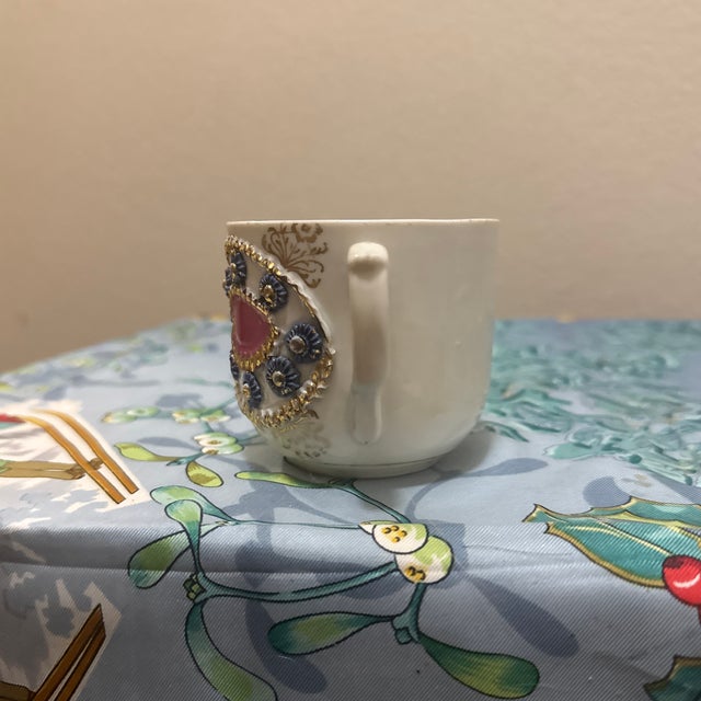 Victorian Antique German Lusterware Porcelain Cup Victorian Raised Gilt Floral Relief - Pink & Purple For Sale - Image 3 of 5