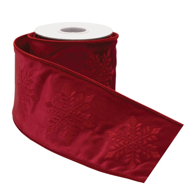 Bring the spirit of the season to your decor with this embroidered snowflake wired ribbon. Featuring a festive red tone...
