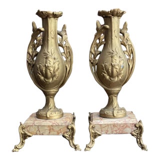 Antique Pair of Art Nouveau 1890s Marble & Gilt Metal Garniture Vases For Sale
