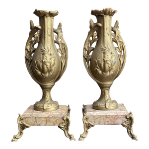 Antique Pair of Art Nouveau 1890s Marble & Gilt Metal Garniture Vases