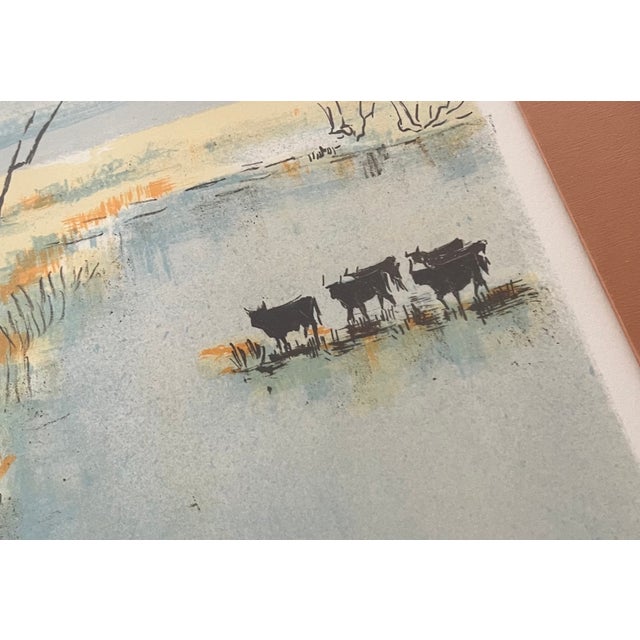 French Vintage French Landscape Lithograph Bulls on the Water For Sale - Image 3 of 10