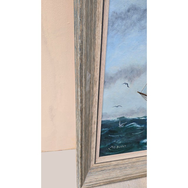 Vintage Mid Century Ship Clipper Sailing Through Choppy Waves Signed m.c. Besler For Sale - Image 11 of 17