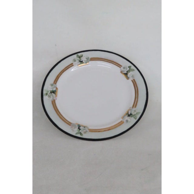 French Haviland France Porcelain Green and Gold Hand Painted White Roses Plate For Sale - Image 3 of 8
