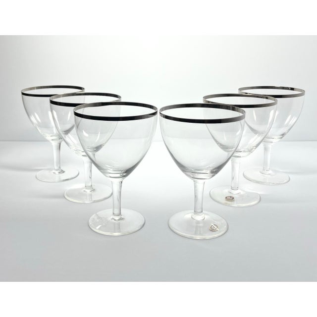 Contemporary 1960s Mid-Century Vintage Minimalist 6 Silver Rim Wine Glasses For Sale - Image 3 of 6