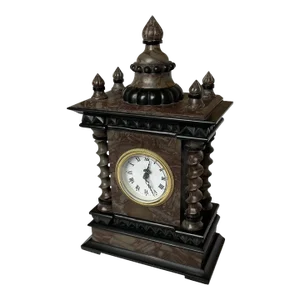 1990s English Style Brass and Brown Marble Mantle Wind-Up Clock