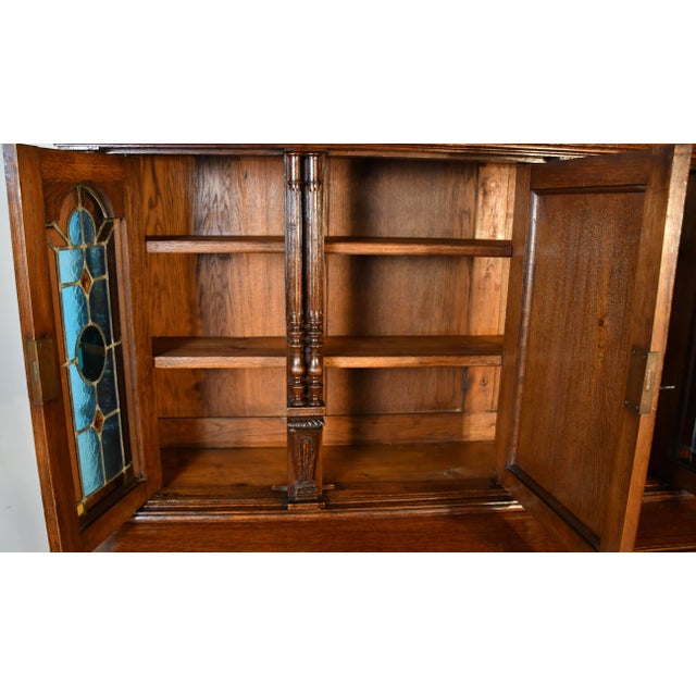 1860s Antique French Gothic Revival Solid Oak & Stained Glass Doors Cabinet For Sale - Image 13 of 18