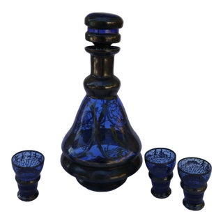 Vintage Mid Century Cobalt Blue Silver Overlay Painted Decanter Set- 4 Pieces For Sale