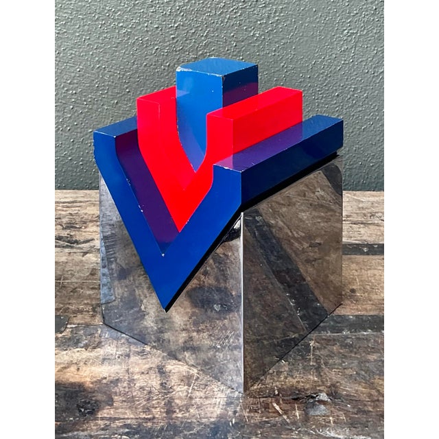 Vintage Postmodern Stacked Wood and Chrome Sculpture For Sale - Image 11 of 12