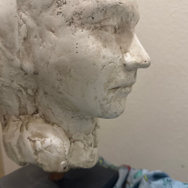 White Early 20th Century Hand-Sculpted Figurative Plaster Bust on Wooden Base For Sale - Image 8 of 12