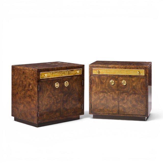 Bernhard Rohne for Mastercraft Mid Century Burlwood and Acid Etched Brass Nightstands - Pair Each nightstand measures: 26...