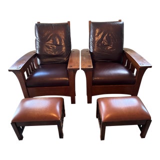 Late 20th Century Stickley Mission Style Bow Arm Morris Chairs & Ottoman - Set of 4 For Sale