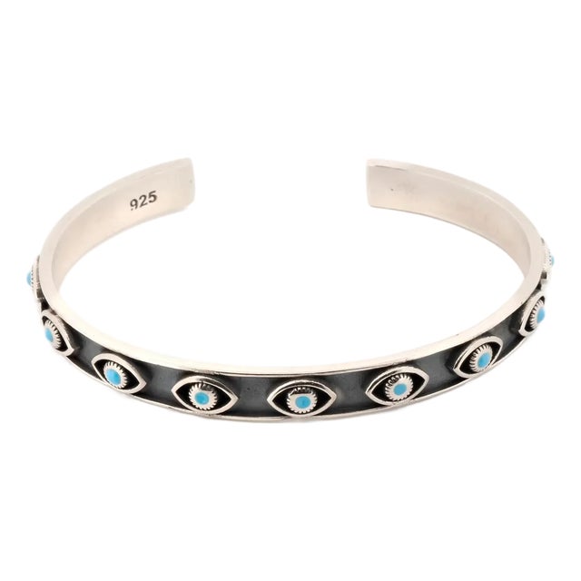 Turquoise Evil Eye Sterling Silver Cuff Bangle Bracelet For Sale