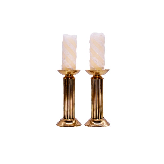 Vintage Classical Pillar Candle Holders in Brass - a Pair For Sale - Image 9 of 10