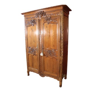 French Country Carved Pine Wedding Armoire Wardrobe With Basket of Flowers For Sale