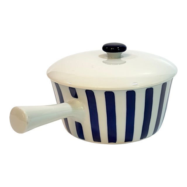 Vintage Danish Blue & White Striped Pot With Lid by Axel Brüel for Lyngby Porcelain For Sale