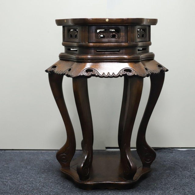 Wood Pair of Huali Rosewood Hexagonal Plant Stands Inlaid With Mother-of-Pearl For Sale - Image 7 of 10
