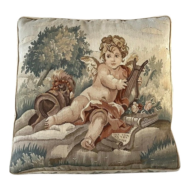 Antique French Aubusson Tapestry Pillow Cushion Large 21" Cherub Lyre Book For Sale