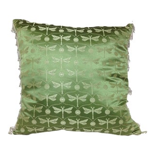 1990s Vintage Green Silk Dragonfly Throw Pillow For Sale