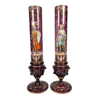 Two 19th C Bohemian Cranberry Pokal Vases King Rudolph I and Otto II Enamel For Sale
