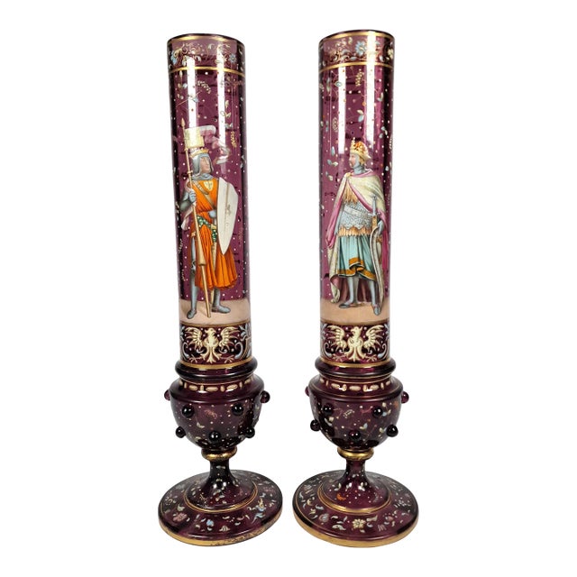 Two 19th C Bohemian Cranberry Pokal Vases King Rudolph I and Otto II Enamel For Sale