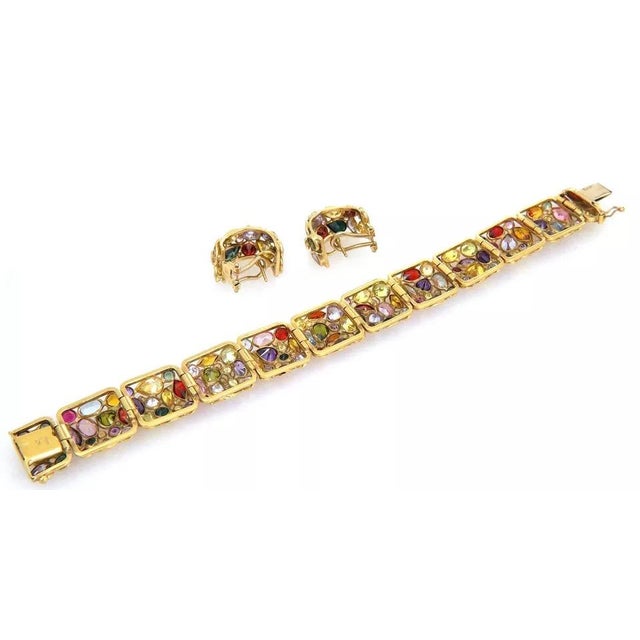 Gold Bracelet Earring Multicolor Stones 18k Yellow Gold Cushion Link set - 3 Pieces For Sale - Image 8 of 10