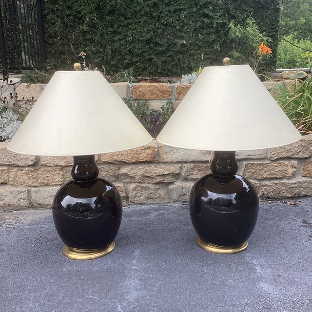 Black Pair of Ralph Lauren Gloss Black "Malin Ming" Lamps With Cream Coolie Shades and Brass Bases For Sale - Image 8 of 11