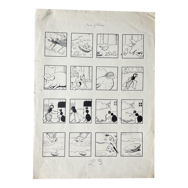 Benjamin Rabier, Three Fables, Ink Drawing For Sale