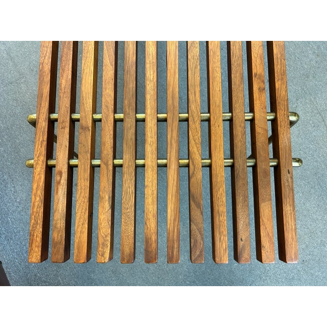 1960s 1960s Mid Century Brass + Walnut Slat Bench by Hugh Acton For Sale - Image 5 of 11