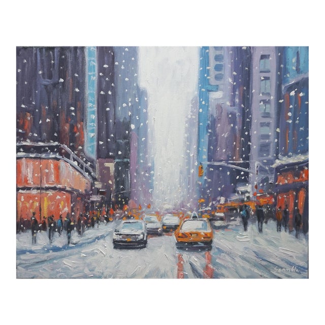 Original Oil Painting on Canvas, Urban Snowscape by Sean Wu For Sale
