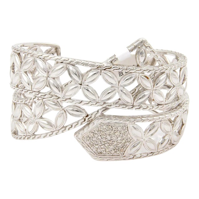 John Hardy Kawung Sterling Silver & Diamonds Open Floral Design Cuff Bangle For Sale