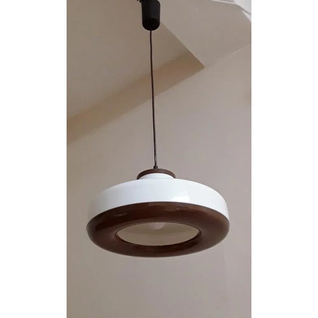 Vintage Ceiling Lamp with White and Brown Plastic Shade, 1970s For Sale - Image 3 of 6