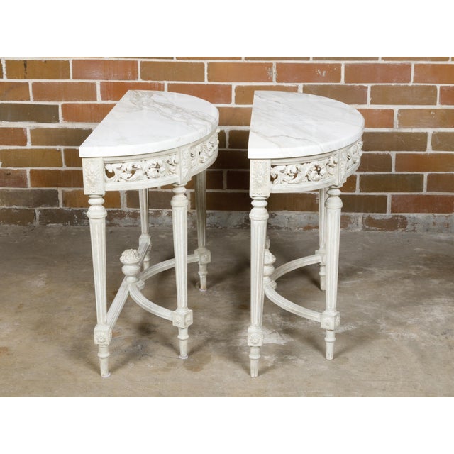 Pair of French Louis XVI Style Painted Demilune Console Tables with Marble Tops For Sale - Image 4 of 12
