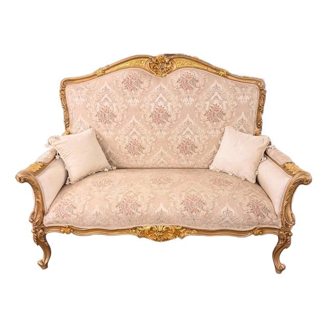 Vintage Rococo Canapa Loveseat Blush Beige Damask Upholstery For Sale